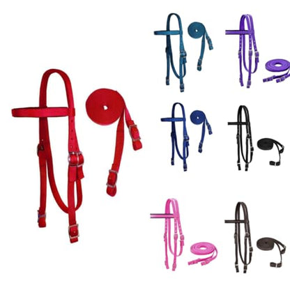 Tahoe Tack Double Layer Nylon Full Horse Headstall with Split Reins - color: Red, size: Pony (Small)