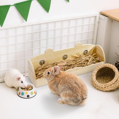 Hedume Rabbit Hay Feeder, Wooden Bunny Food Feeding Manger, Rabbit Hay Holder Less Wasted Food Dispenser for Guinea Pig, Chinchilla, Hamster