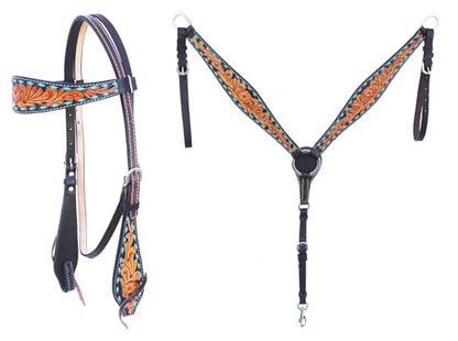 CHALLENGER Horse Western Leather Tooled Headstall Bridle Breast Collar Tack Set 78HRBrowbandSet - color: Brown Turquoise Buckstitch