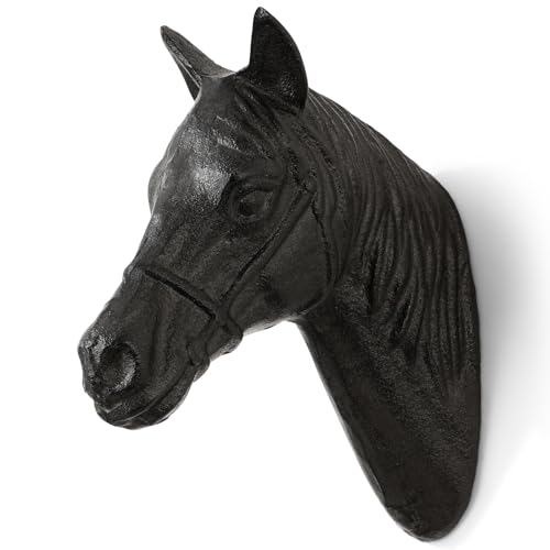 Cast Iron Horse Head Wall Hook, Western Decorative Hook, Tack Room Decor | Heavy duty One piece cast, rustproof finish, western decor, versatile storage hook, equestrian gear hook, horse lover gift - color: Horse Head Rustic Black
