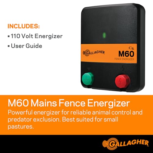 Gallagher M60 Electric Fence Charger | 110V Plug-in Energizer for Up to 20 Acres or 5 Miles | Low-Impedance Fencer for Livestock, Poultry, and Gardens | Compact & Reliable Power Source