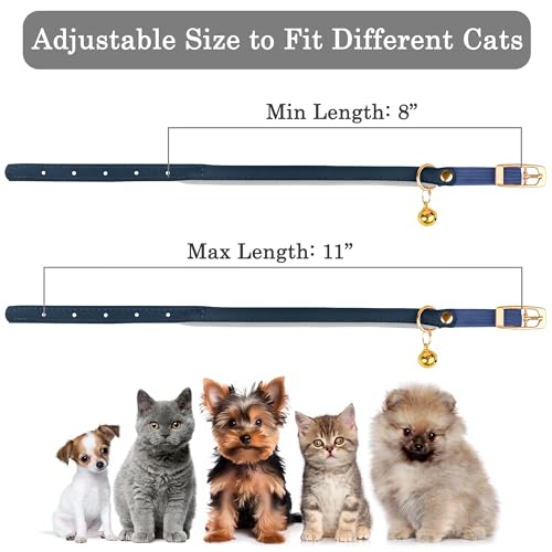 OOPSDOGGY Rolled Leather Cat Collar with Bell - Reflective Kitten Collar with Safety Elastic Strap - Adjustable Small Pet Collars for Boy Girl Cats (Blue) - color: Blue