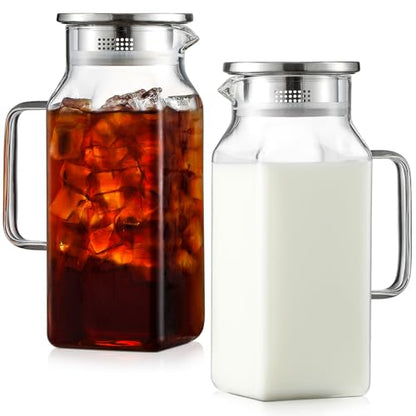 Netany 2 Pack 1.2 Liters/40 oz Small Square Glass Pitcher with Lid and Handle for Fridge, Iced Tea and Coffee Carafe Storage Container, Resistant to Hot and Cold Borosilicate Jug - size: 40 oz Clear
