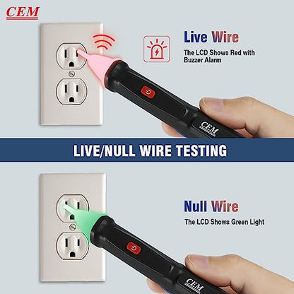 Voltage Tester,CEM AC-6 Non-Contact Voltage Detector,Electrical Tester,AC,LCD Display in Percentage,Buzzer Alarm,Live Wire Tester,Wire Breakpoint Finder - Black-Built-in/External Battery (Random)
