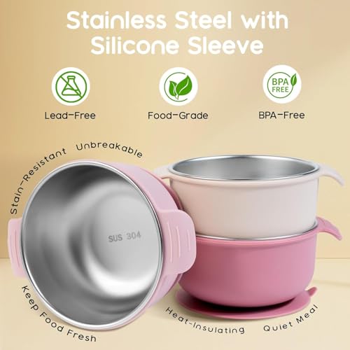 Bella's Friends Life Baby Bowls with Suction Stainless Steel and Silicone, 4.3” for Toddlers Kids Feeding, Non-Slip, Non-Toxic, Mess-Free, Dishwasher Safe, Fit High Chair Size, 3 Pack - color: light pink, beige, pink