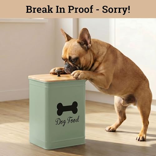 Metal Dog Food Container 5-7lb, 25 Cup w/ Airtight Bamboo Lid, Metal Handle - color: Sage Green: Bone