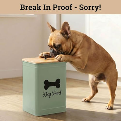 Metal Dog Food Container 5-7lb, 25 Cup w/ Airtight Bamboo Lid, Metal Handle - color: Sage Green: Bone