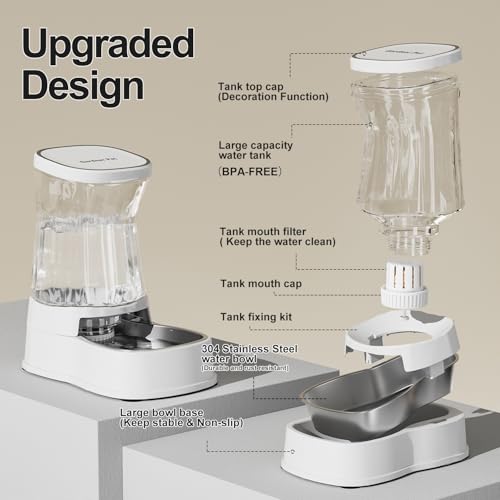 Automatic Dog Water Dispenser, Stainless Steel Bowls Feeder, 100% BPA-Free - color: White, size: 1 Gallon