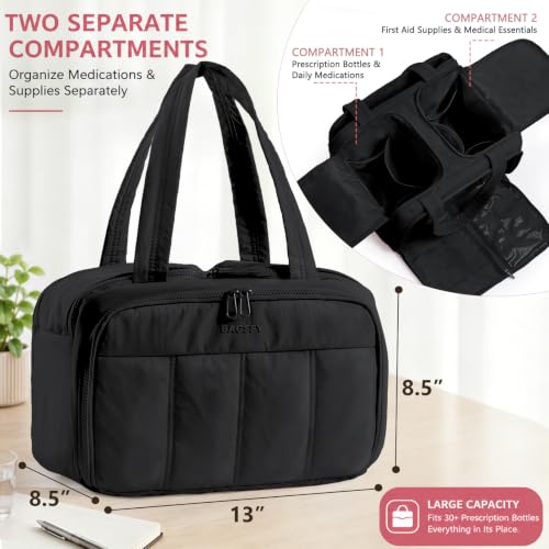 Travel Medicine Storage Bag with 2 Compartments, Wide-Mouth Medical Organizer, Puffy Lightweight First Aid Bag for Prescription Bottles, Pill Cases, Medical Supplies & Family Emergency Essentials - color: Black