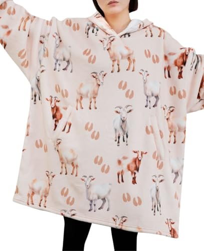 Goat Gifts for Goat Lovers, Wearable Flannel Goat Blanket Hoodie with Two Large Pocket - Full Pattern
