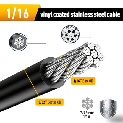 Vinyl Coated Wire Rope 304 Stainless Steel Coated Wire Cable-Black, 1/16" OD to 3/32" x 1000FT, with 300 Pcs Crimping Sleeves-Cable for String Lights, Suitable for Clotheslines - size: 1000FT