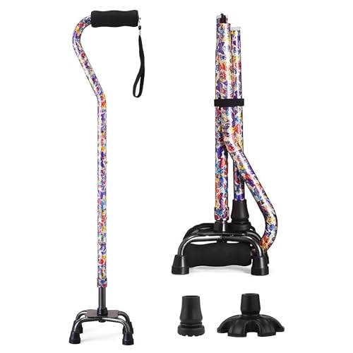 Floral Quad Cane for Women, Adjustable Walking Canes with 3-in-1 Interchangeable Base(3 Tips) for Versatile Support, Stylish & Stable Mobility Aid for Seniors Confidence - color: Elf wings