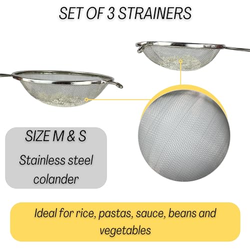 Mesh Strainers - Stainless Steel Fine Mesh Strainer Set of 3 with Handle - Colander-Skimmer Sieve Sifters for Kitchen Food - 5.5", 6.3", 7.1"