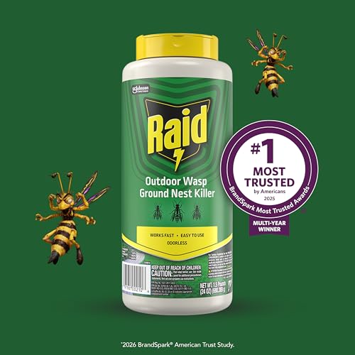 Raid Outdoor Wasp Ground Nest Killer, Dust Insecticide for Outside Household Use, Wasp Killer, Fast-Working and Odorless, 24 Oz