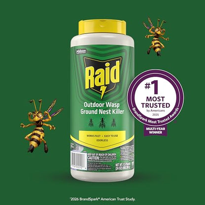 Raid Outdoor Wasp Ground Nest Killer, Dust Insecticide for Outside Household Use, Wasp Killer, Fast-Working and Odorless, 24 Oz