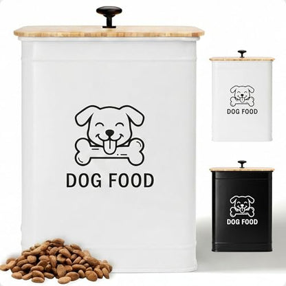 Metal Dog Food Container 5-7lb, 25 Cup w/ Airtight Bamboo Lid, Metal Handle - color: White: Dog Face
