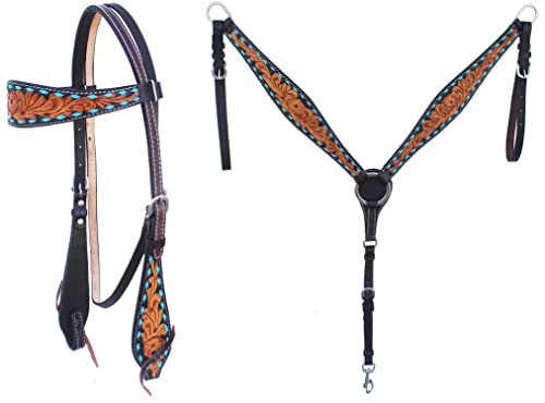 CHALLENGER Horse Western Leather Tooled Headstall Bridle Breast Collar Tack Set 78HRBrowbandSet - color: Brown Turquoise Buckstitch