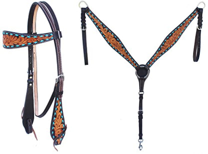 CHALLENGER Horse Western Leather Tooled Headstall Bridle Breast Collar Tack Set 78HRBrowbandSet - color: Brown Turquoise Buckstitch