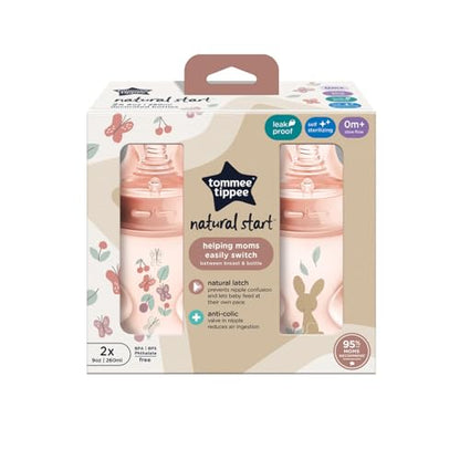 Tommee Tippee Natural Start Baby Bottles, Anti-Colic, 0m+, 9oz | Pack of 2, Slow Flow Breast-Like Nipple, Self-Sterilizing, Seamless Bottle-to-Breast Transition, Pink, BPA Free - color: Pink