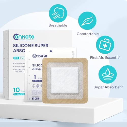 Conkote Silicone Super Absorbent Dressings 5" X 5", High Absorbency 10 Pack - size: 5" x 5" (10 Dressings)
