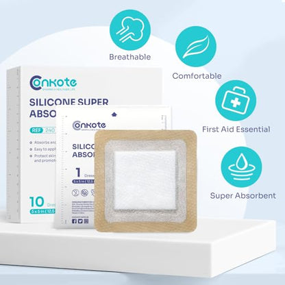 Conkote Silicone Super Absorbent Dressings 5" X 5", High Absorbency 10 Pack - size: 5" x 5" (10 Dressings)