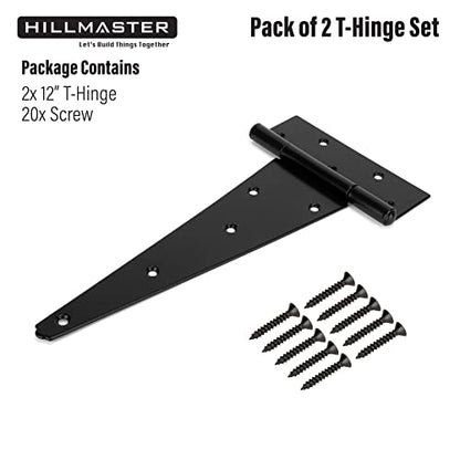 HILLMASTER 12 Inch T-Strap Heavy Duty Shed Door Hinges Gate Strap Hinges Black Tee Hinge Wrought Hardware for Wooden Fences,Yard,Barn Door,Rustproof (2 Pack) - size: 12in 2 Pack