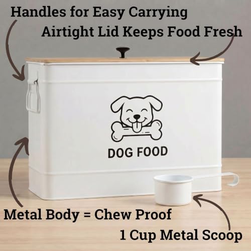 Metal Dog Food Container 15-20 lbs w/ Airtight Bamboo Lid, 70 Cup Capacity - color: White