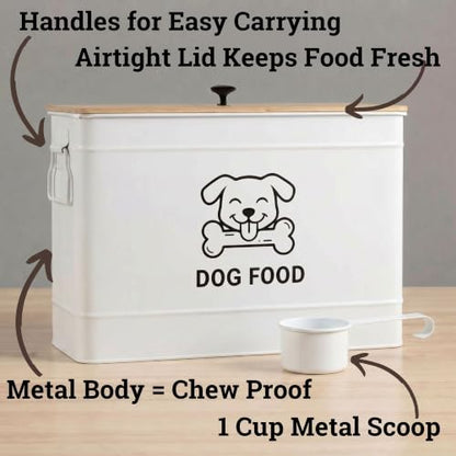 Metal Dog Food Container 15-20 lbs w/ Airtight Bamboo Lid, 70 Cup Capacity - color: White