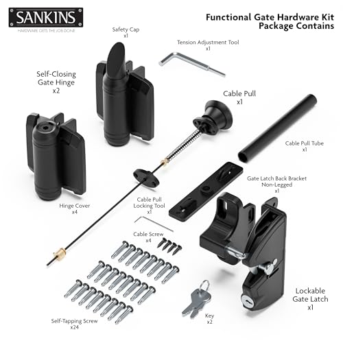 Self-Closing Gate Hinges and Key Lockable Gate Latch Kit, Fence Gate Hardware Kit for Wooden Fence, Pool Safety Fence Adjustable Hinges and Double-Sided Latches Hardware for Metal, Woode