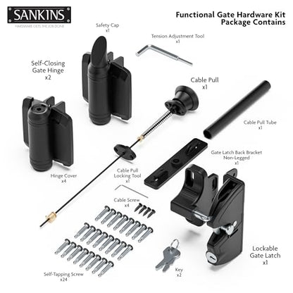 Self-Closing Gate Hinges and Key Lockable Gate Latch Kit, Fence Gate Hardware Kit for Wooden Fence, Pool Safety Fence Adjustable Hinges and Double-Sided Latches Hardware for Metal, Woode