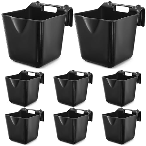 8 Pcs 15 Quart Plastic Hook Over Horse Feed Bucket for Stall Fence, Black - color: Black