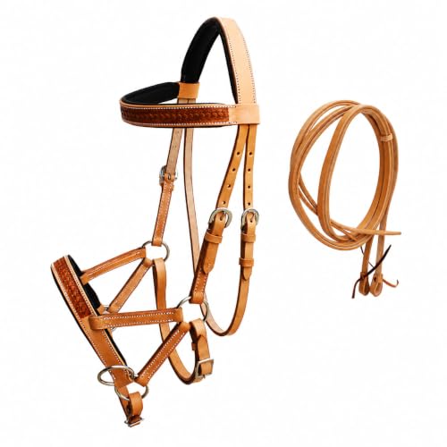 Horse Western English Leather Bitless Sidepull Bridle w/ Split Reins 77RS30 - color: Tan