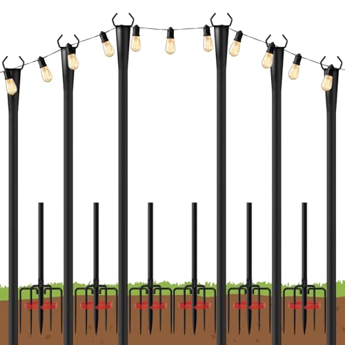 10Ft String Light Poles 6 Pack for Outside, Metal Outdoor Light Poles with 5 Prongs for Garden Patio Backyard Deck, Fence Bracket Hanging Light for Party Wedding Decor - size: 10FT 6-Pack