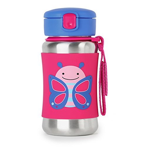 Skip Hop Toddler Sippy Cup - Zoo Stainless Steel Straw Bottle, Butterfly, 3.50" x 3.50" x 6.00" - color: Butterfly