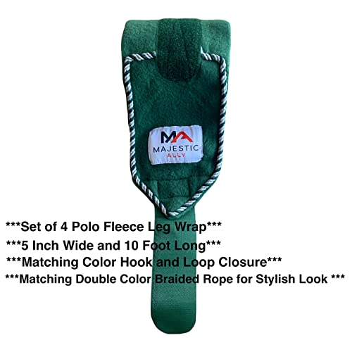 Majestic Ally Fleece Polo Leg Wraps with Braided Rope for Horses - Set of 4-10 Foot Long and 5 Inch Wide (Hunter Green) - color: Hunter Green