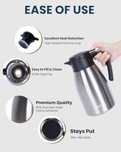 GiNT 51Oz Stainless Steel Thermal Coffee Carafe with Lid/Double Walled Vacuum Thermal Carafe / 12 Hour Heat Retention (Silver, 1.5L) - color: Silver, size: 50.7 Ounces