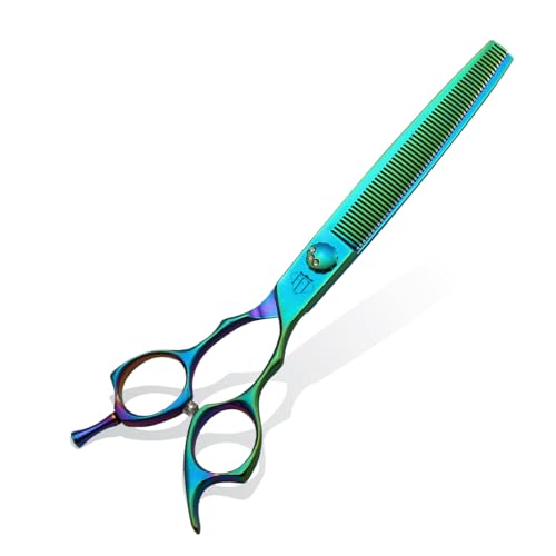 Dog Grooming Scissors: 7" Straight Pet Shears Skeletonized blade Made Of Japanese 440C for Trimming Dogs Cats and Other Pets Green (Thinning G, 7") - style: Thinning
