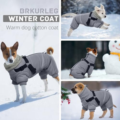 BRKURLEG Grey Dog Winter Coat, Cozy Winter Dog Jackets, Small Dogs Coat with Harness, Onesie Body Warm Puppy Jacket, Pet Reflective Windproof Cold Weather Jackets, Puppy Four-Legged Puffer Coats, M - color: Grey, size: Medium