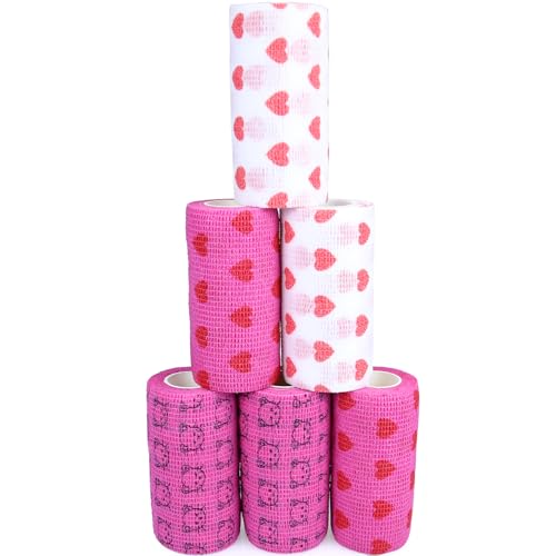 Self Adhesive Bandage Wrap Animal Cohesive Bandage Self Adherent Wrap First Aid Tape for Dogs Cats Horses Birds & Wrist Healing Ankle Sprain (4 Inch Heart 6 Rolls) - color: 4 Inch Heart 6 Rolls