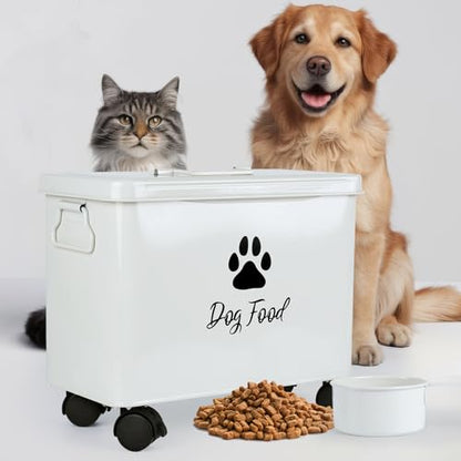 Dog Food Container 13lb, Cute Airtight Pet Food Storage Containers with Metal Lid Scoop, Black Metal Storage Bin for Dog/Cat with Wheels,Easy to Move White - color: White-L