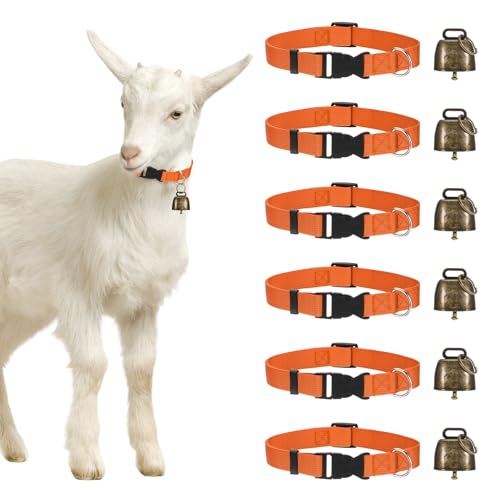 Generic 6-Pack Goat Collars with Bells, 13.8"-20.5" Polyester Adjustable Pet Collar with Anti-Lost Grazing Copper Bell for Small Farm Animal/Sheep/Cow/Goat [Orange]