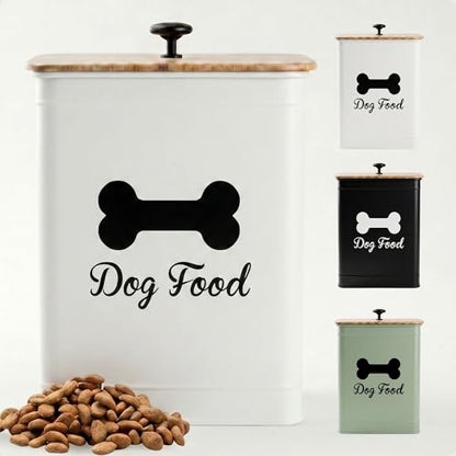 Metal Dog Food Container 5-7lb, 25 Cup w/ Airtight Bamboo Lid, Metal Handle - color: White: Bone