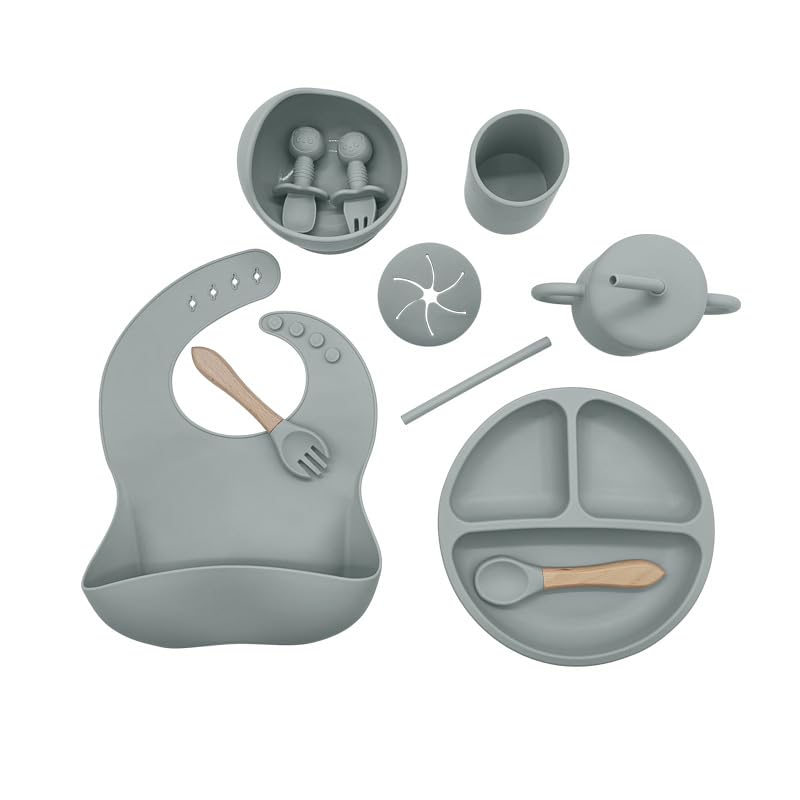 Silicone Baby Feeding Set Moon Gray Infant Tableware Collection with Bib Suction Bowl Utensils Straw Cup Snack Container - color: Moon Gray
