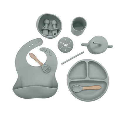 Silicone Baby Feeding Set Moon Gray Infant Tableware Collection with Bib Suction Bowl Utensils Straw Cup Snack Container - color: Moon Gray