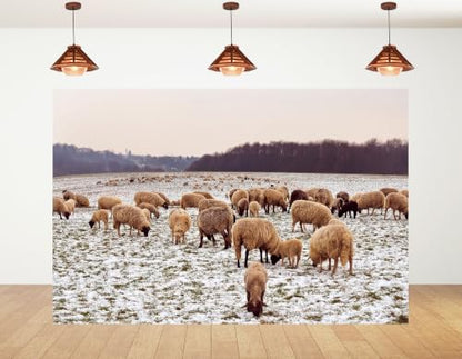5x4ft Fabric Flock Wool Sheep Backdrop Thin Snow Pasture Leafless Dark Wood Overcast Sky Photography Background Tapestry Party Winter Farm Decorations Photo Booth Props - size: 5x4ft