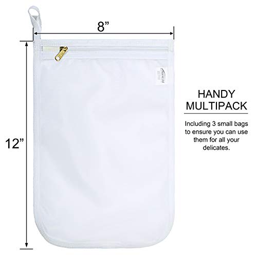 TENRAI Delicates Laundry Bags, Bra Fine Mesh Wash Bag for Underwear, Lingerie, Bra, Pantyhose, Socks, Use YKK Zipper, Have Hanger Loops, Small Openings (White, 3 Small)
