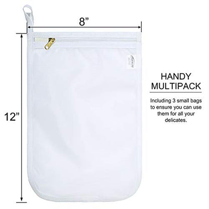 TENRAI Delicates Laundry Bags, Bra Fine Mesh Wash Bag for Underwear, Lingerie, Bra, Pantyhose, Socks, Use YKK Zipper, Have Hanger Loops, Small Openings (White, 3 Small)
