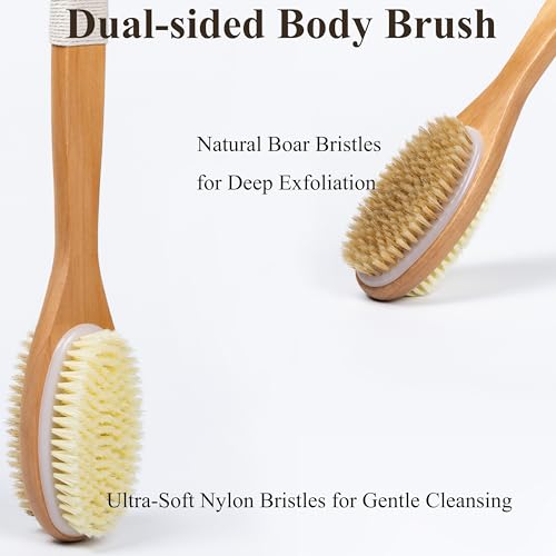 MtBoi Dual-Sided Back Scrubber - Long Bamboo Handle Shower Brush with Anti-Slip Grip, Stiff Natural Boar Bristles for Deep Exfoliation & Soft Nylon Bristles for Gentle Care, Wet/Dry Brushing