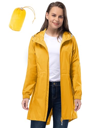33,000ft Women's Waterproof Long Rain Coats Packable Rain Jacket with Hood - color: Amber Gold, size: Small