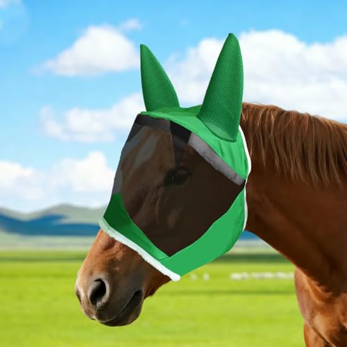 Fly Masks for Horses with Ears and NO Nose Cover - Comfortable Horse Fly mask with Ears for UV Protection & Sun Shield – Soft Lightweight- Breathable Horse mask (Green, (Full) Large)NO nose - style: No nose